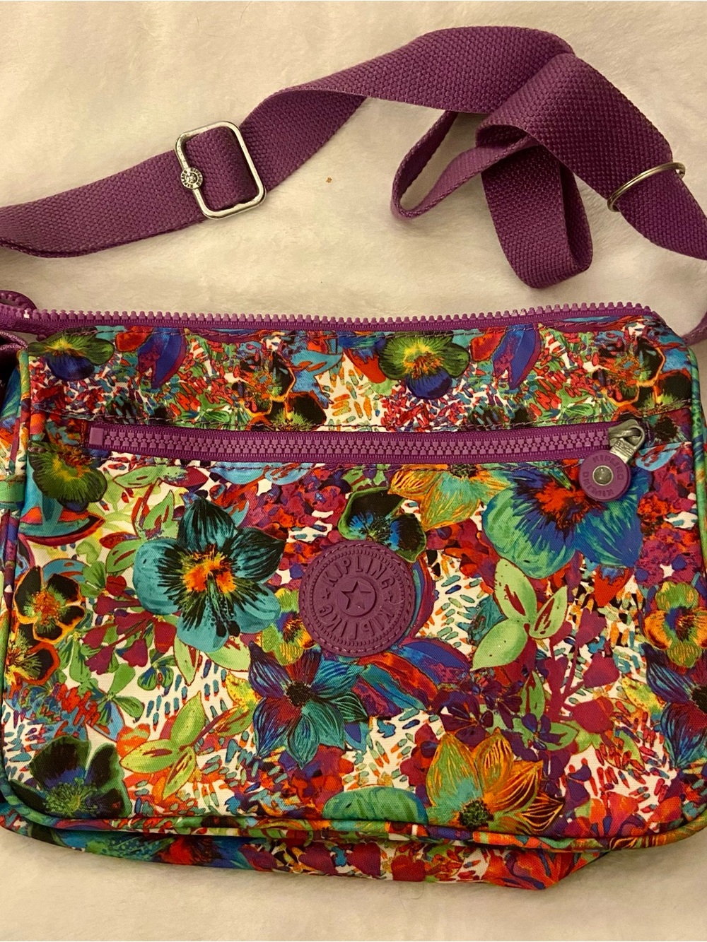 Kipling Multicolor Floral Crossbody with Purple Strap